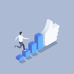 isometric vector illustration on gray background, increase popularity on social networks, guy in white shirt runs up the stairs to a big like