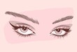 Sexy eye look with natural eyebrows in pastel tones. Trendy makeup look with eyeliner. Social media template