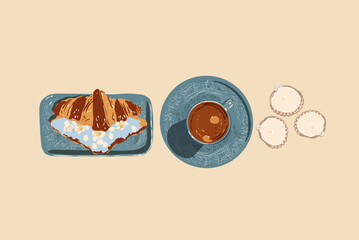 French style aesthetic breakfast. Croissant with blue cheese and flowers on plate and coffee espresso. Vector illustration. Top view. Flat style.