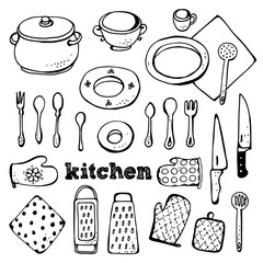 Wall Mural - Kitchen vector set, collection of hand drawn kitchen related objects