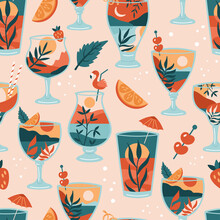 Boho Summer Seamless Pattern Background With Cocktail Glasses And Abstract Beach Landscape. Summer Template For Wrapping Paper, Wallpaper And Cards Design