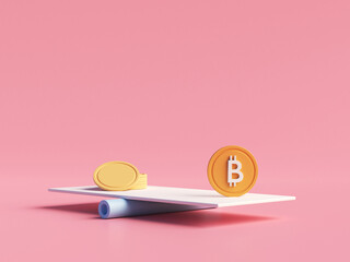 Bitcoin coin vs traditional currency coins on balancing scales. Bitcoin growth. Financial transactions in blockchain. Cryptography concept. 3d rendering in cartoon minimal style