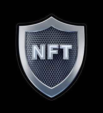 NFT - Non-Fungible Token. A shield with the NFT letters in center of it are isolated on black background. 3D rendering graphics on the theme of a blockchain based technology for unique digital assets.