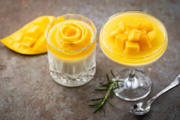 Wall Mural - Italian dessert panna cotta with mango in glass on gray background