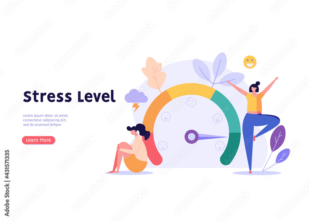 People are on the mood scale. Concept of emotional overload, stress level, burnout, increased productivity, tiring, boring, positive, frustration employee in job. Vector illustration in flat design - obrazy, fototapety, plakaty 