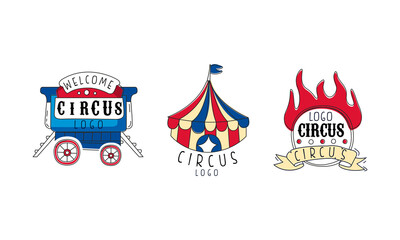 Wall Mural - Welcome Circus Logo Set, Carnival and Circus Show Retro Badges and Labels Hand Drawn Vector Illustration