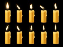 Animation Candle Flame. Romantic Holiday Animated Candlelight Collection, Wax Bright Burning Paraffin Close Up 3d Candles Set, Realistic Warm Fire. Vector Isolated On Black Illustration