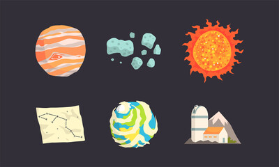 Poster - Observatory Station and Solar System Planets and Asteroids Vector Set