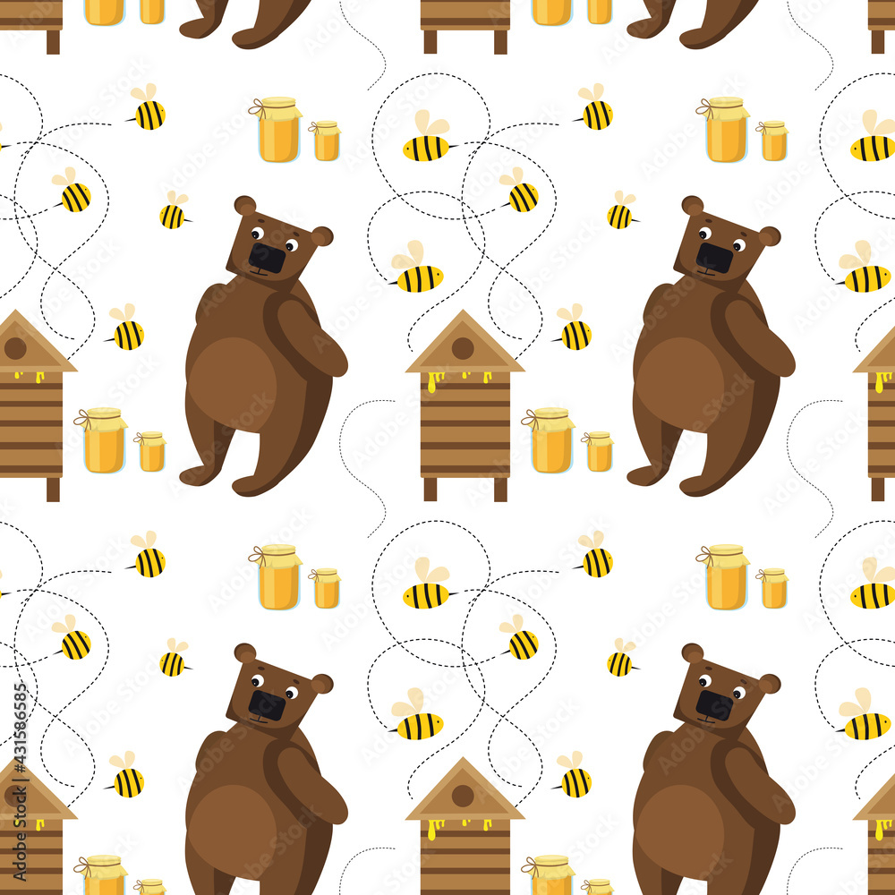 Vector Illustration seamless pattern Bear with Bees and Honey Pot Cute ...