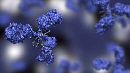 Antibody drug conjugate in blue with four drug compounds linked to IgG immunoglobulin; ADC in blue against blue background 3d render