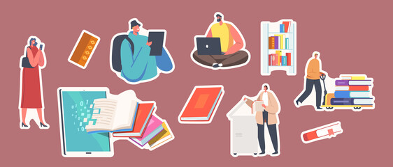 Poster - set of stickers books digitization. librarians scanning pages converting information into digital ve