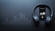 Leinwandbild Motiv Podcast background. Mobile smartphone screen with podcast application, sound headphones. Audio voice with radio microphone on black. Recording studio or podcasting banner with copy space.