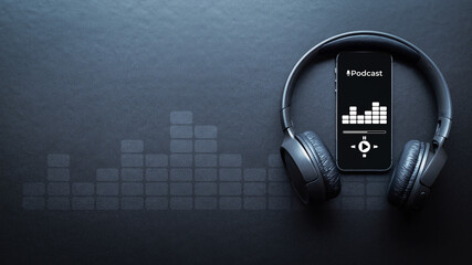Podcast background. Mobile smartphone screen with podcast application, sound headphones. Audio voice with radio microphone on black. Recording studio or podcasting banner with copy space.