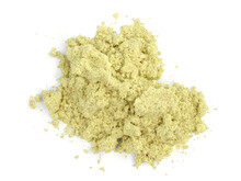 Yellow Sulfur (Sulphur) Powder. Top View. Used For Plant Fungicidal Control, Soil Acid Control And Fertilizers, Colloidal Suspension, Matches And In Medicine. Isolated On White.