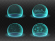 Bubble shields. Energy shield effects isolated on transparency grid. Science fiction various deflector elements, firewall absolute protection isolated