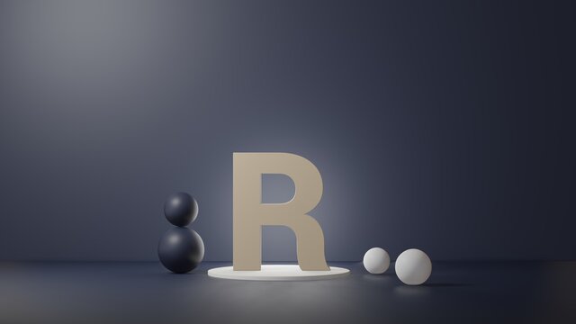 R Lettering in photo realistic rendering. 3D Illustration alphabet with copy space. Decoration element for background
