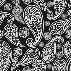 Wall Mural - Seamless pattern of Indian paisley ornament. Ornate black and white monochrome background. Textile bohemian print. Batik painting. Vintage Hand Drawn ornament.