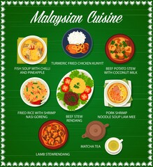 Sticker - Malaysian food and Asian cuisine menu dishes, vector lunch and dinner meals. Malaysian cuisine traditional cried chicken with turmeric, beef potato stew, rice with shrimps, fish soup and matcha tea