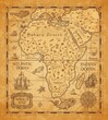 © Vector Tradition - Antique map of Africa on old parchment. Vector African continent with islands, sea and oceans, mountains, deserts and rivers, vintage sail ship, boat, nautical compass rose and ancient monster fish