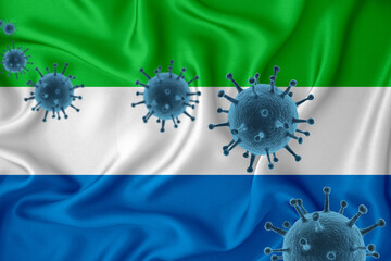 Sierra Leone flag. Blue viral cells, pandemic influenza virus epidemic infection, coronavirus, infection concept. 3d-rendering.