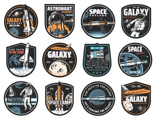 Poster - Space vector icons. Cosmonaut in galaxy, rocket in outer cosmos, shuttle expedition, explore or adventure. Satellite in space, colonization mission and galaxy exploration, astronaut academy labels set