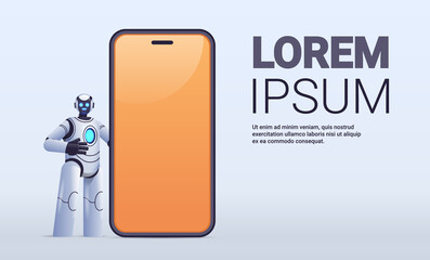 Poster - modern robot cyborg standing near smartphone with blank screen robotic character artificial intelligence technology
