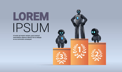 Poster - black robots standing on pedestal winning competition first place   artificial intelligence concept full length