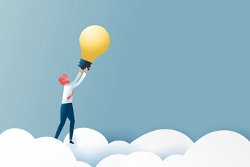 Aufkleber - Business concept and idea solution discovery.Big idea, Creativity, Brainstorming, Innovation concept.Businessman reaching light bulb on blue sky.