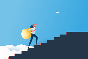 Poster - Business Idea, Solution and success concept.Business man carrying light bulb on stairs.Paper art vector illustration.