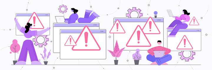 Poster - frustrated people reacting to danger exclamation marks problem cyber attack hacking warning signal scam alert