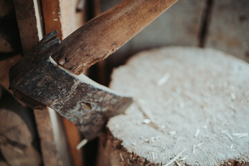 Poster - Closeup of an old rusty axe driven deep into a tree stump outside