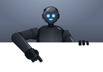 Poster - black robot cyborg pointing at empty blank white board modern robotic character artificial intellige