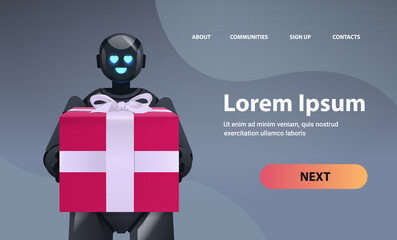 Poster - black robot holding wrapped gift box birthday or holiday celebration artificial intelligence concept