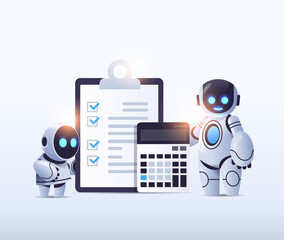 Poster - robots with clipboard and calculator financial data report organization process analytics accounting