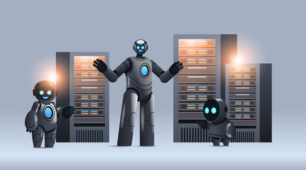 Poster - robots in server room big cloud data analysis artificial intelligence technology concept