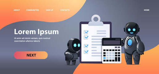 Poster - robots with clipboard and calculator financial data report organization process analytics accounting