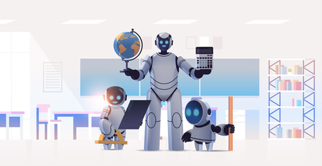 Poster - robot teacher with robotic students standing in classroom artificial intelligence technology concept