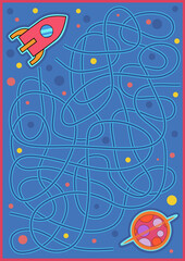 Wall Mural - Maze game with space rocket. Cartoon vector labyrinth education puzzle. Find path. Kids activity worksheet.