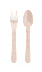 Biodegradable plastic spoon and fork isolated on white background