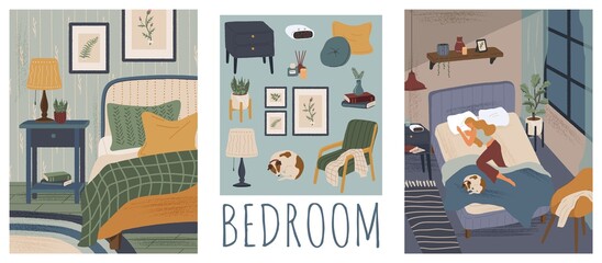 woman sleeping in bed with a dog. bedroom interior hand drawn vector illustration set. home modern i