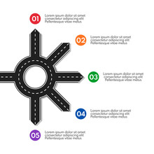 Road Line With Ring Crossroad And 5 Different Exits, Vector Infographics Template