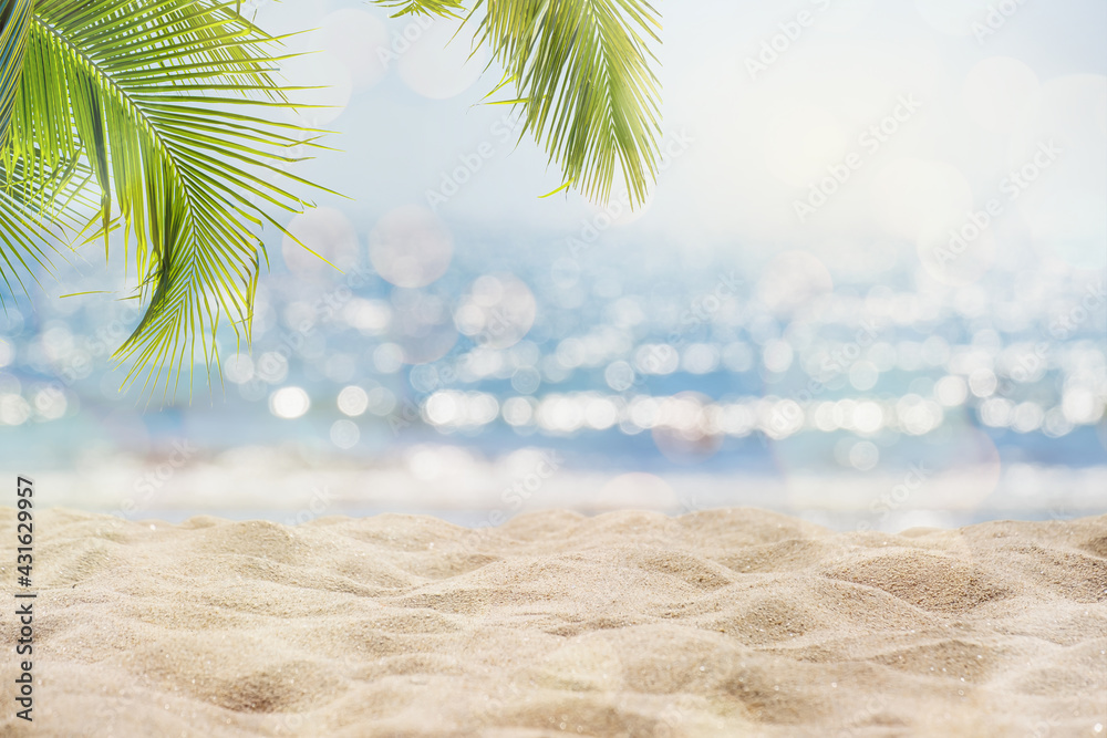 Abstract seascape with palm tree, tropical beach background. blur bokeh light of calm sea and sky. summertime vacation background concept. - obrazy, fototapety, plakaty 