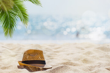 abstract seascape with palm tree, tropical beach background. blur bokeh light of calm sea and sky. s