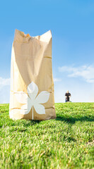 Brown craft paper bag for yard waste place on green grass field against bright blue sky while man mowing lawn in blurred background. Trash management with eco friendly environment concept, copy space.