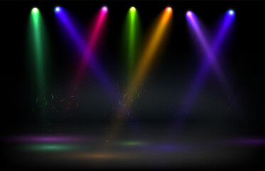Aufkleber - Set of spotlights on a black background with smoke and sparks. Vector illustration.