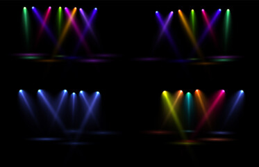 Aufkleber - Set of spotlights on a black background with smoke and sparks. Vector illustration.
