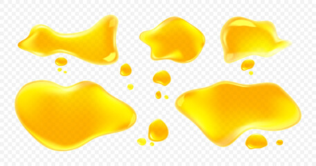 Poster - Spills of yellow juice, oil or honey isolated on transparent background. Vector realistic set of clear liquid puddles and drops of orange, lemon or mango juice top view