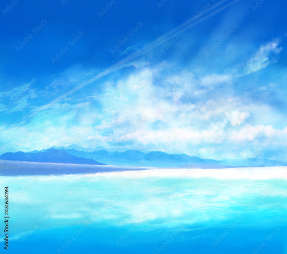 コバルトブルーの夏空と海の風景イラスト Stock Illustration