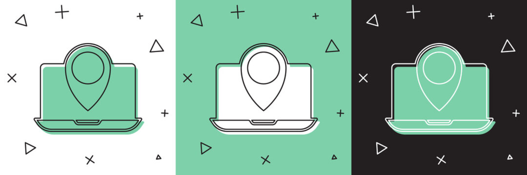 Set Laptop with location marker icon isolated on white and green, black background. Vector