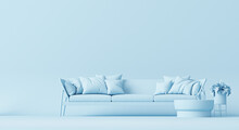 Interior Of The Room In Plain Monochrome Pastel Blue Color With Furnitures And Room Accessories. Light Background With Copy Space. 3D Rendering For Web Page, Presentation Or Picture Frame Backgrounds.